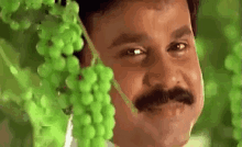 a man with a mustache is behind a bunch of green grapes .