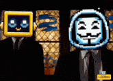 two men in suits and ties are standing next to each other with pixelated faces on their faces .