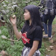 a girl wearing a black shirt with the word bromo on it is picking an apple from a tree .