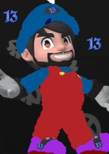 a cartoon character wearing a blue hat and red overalls