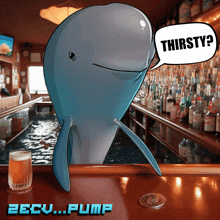 a cartoon of a dolphin with a speech bubble that says " thirsty "