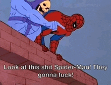 a cartoon of skeletor pointing at spider-man on a roof