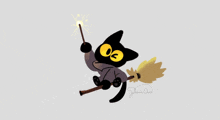 a black cat is flying on a broom with a wand in its hand