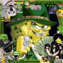 a picture of spongebob holding a fan of money with the caption " i like money bling bling bling ! "