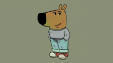 a cartoon bear wearing a grey sweater and jeans