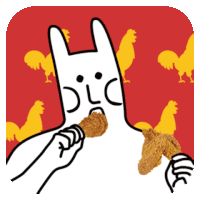 a cartoon of a chicken eating a fried chicken wing with the letters dlc on its face