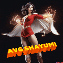 a poster of a woman in a superhero costume with the words avgshayumi on it