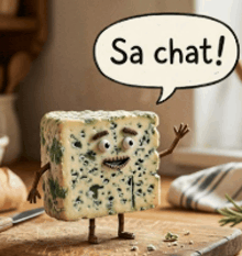 a piece of cheese with arms and legs is standing on a cutting board with a speech bubble that says sa chat