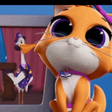 a cartoon cat with purple eyes and a pink collar is sitting in front of a screen .