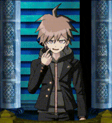 a cartoon character is standing in front of a window with a striped background .