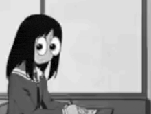 a black and white cartoon of a girl with big eyes .