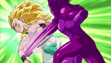 a cartoon of a man being kicked in the face by a purple figure