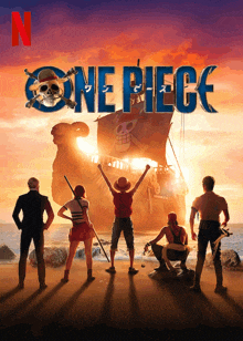 a poster for one piece shows a group of people on a beach