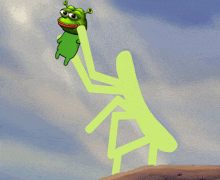 a cartoon of shrek holding a green frog on his head