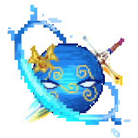 a pixel art of a blue ball with a crown and sword