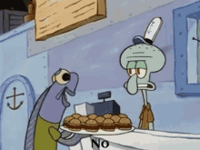 squidward from spongebob squarepants is looking at a plate of hamburgers with the word no on it