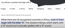 a google search for any african countries that begin with k is shown