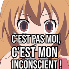 a picture of a girl with the words c'est pas moi c'est mon inconscient on it