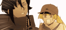 a man and a girl are standing next to each other and one of them is wearing a baseball cap