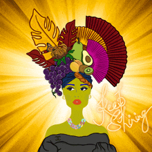 a drawing of a woman with a fan and fruit on her head with the words keep shining below her