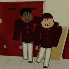 two roblox characters standing next to each other in front of red lockers .