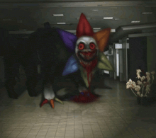 a clown with red eyes and a red hat is walking through a dark hallway