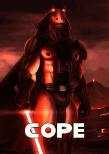 a picture of a man in a star wars costume with the word cope on the bottom