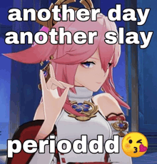 a girl with pink hair is making a peace sign with her hand .