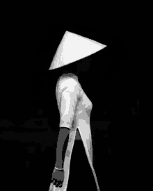 a woman wearing a conical hat is standing in the dark