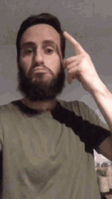 a man with a beard is pointing at his forehead with his finger