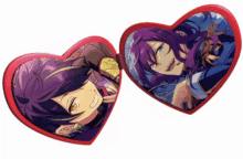 a couple of hearts with purple haired anime characters on them