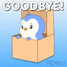 a penguin is peeking out of a cardboard box with the words goodbye written above it