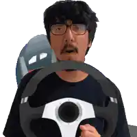 a man with glasses and a beard is holding a steering wheel