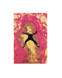 a painting of a person in the air with a pink background