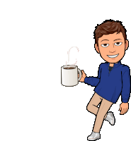 a man in a blue sweater is holding a cup of coffee