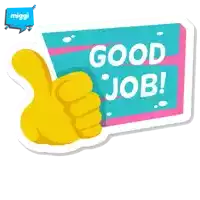 a hand is giving a thumbs up in front of a sign that says " good job "