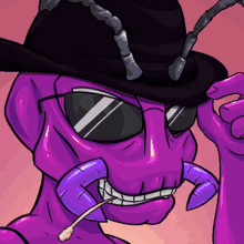 a cartoon of a purple ant wearing a black hat and sunglasses