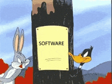 bugs bunny and daffy duck looking at a sign that says software on it