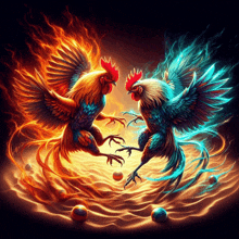 a painting of two roosters fighting with fire and water