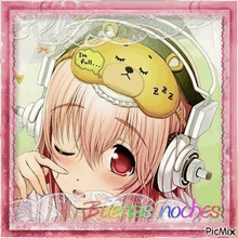 a picture of a girl wearing headphones and a sleep mask that says i 'm full