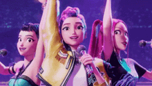 three cartoon girls are singing into microphones on stage .