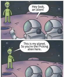 a cartoon of a group of astronauts talking to an alien that says " hey look an alien "