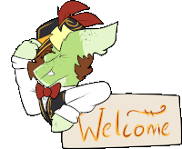 a cartoon character is holding a sign that says " welcome "