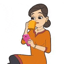 a cartoon woman is drinking a cup of coffee while holding a cell phone .