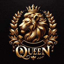 a golden lion with a crown and the word queen