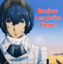 a blue haired anime character with the words bonjour les petits vieux written above him