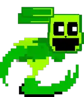 a pixel art drawing of a green skeleton with a black face and arms .