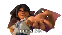 a cartoon character says let 's go with his hand