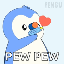 a penguin is holding a water gun in its mouth and says pew pew .