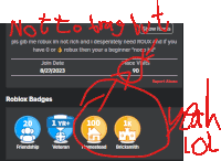 a screenshot of the roblox badges page with the words not to brag with drawn in red